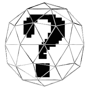 Uma gaiola ico-esférica metálica rotaciona-se em dois eixos, guardando dentro de si um ponto de interrogação preto, em fonte bitmap.